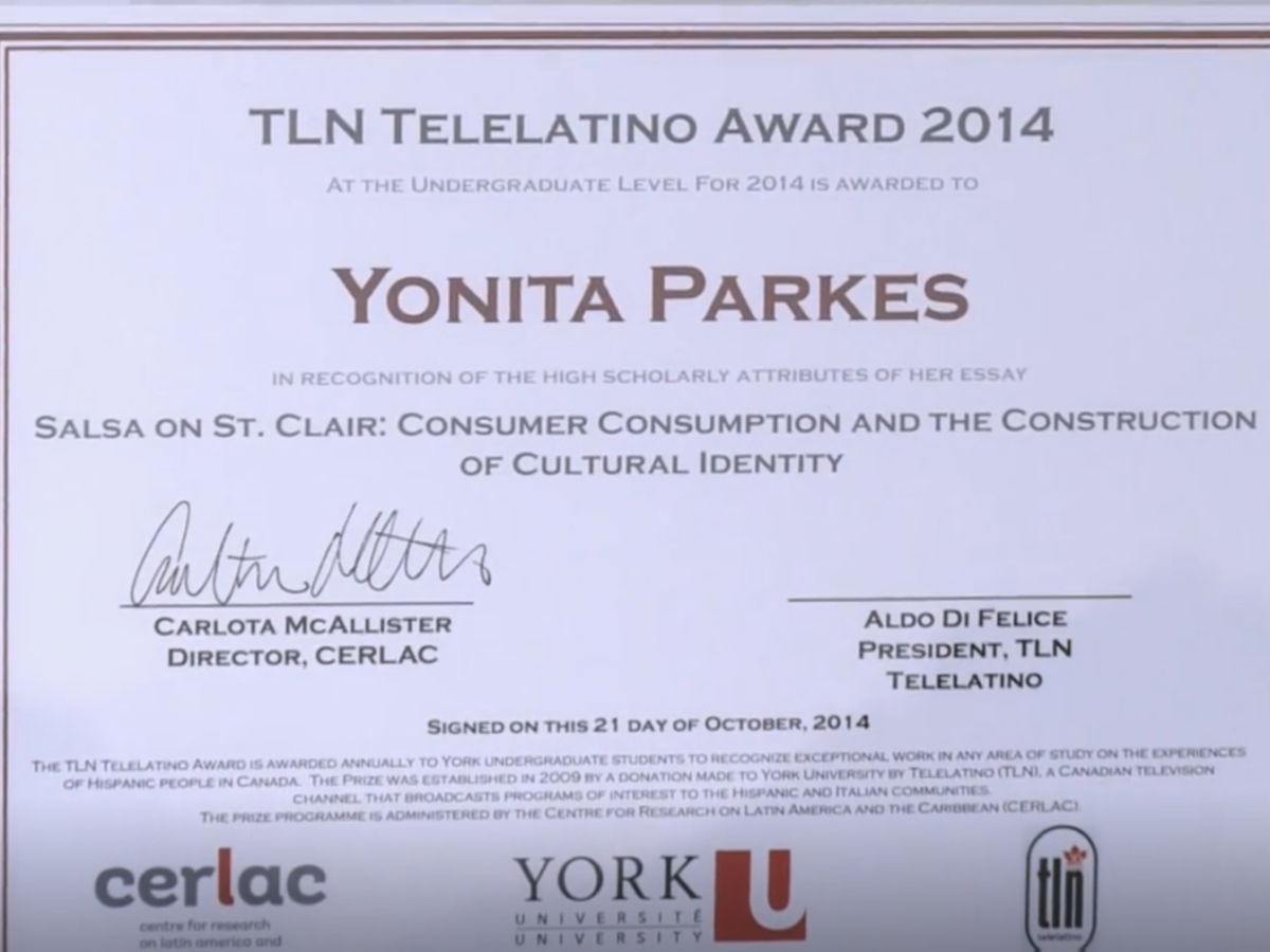 Congratulations! Felicitaciones to the 2014 Telelatino York University Bursary Winner Yonita Parkes