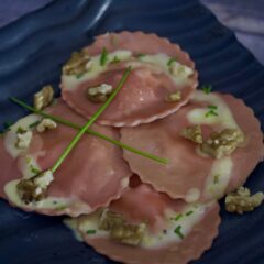 Beetroot & Goat Cheese Ravioli With Lemon Cream Sauce & Walnuts