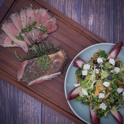 Butterflied Leg of Lamb with Chimichurri & Pistachio and Carrot, Grape & Goat’s Cheese Salad