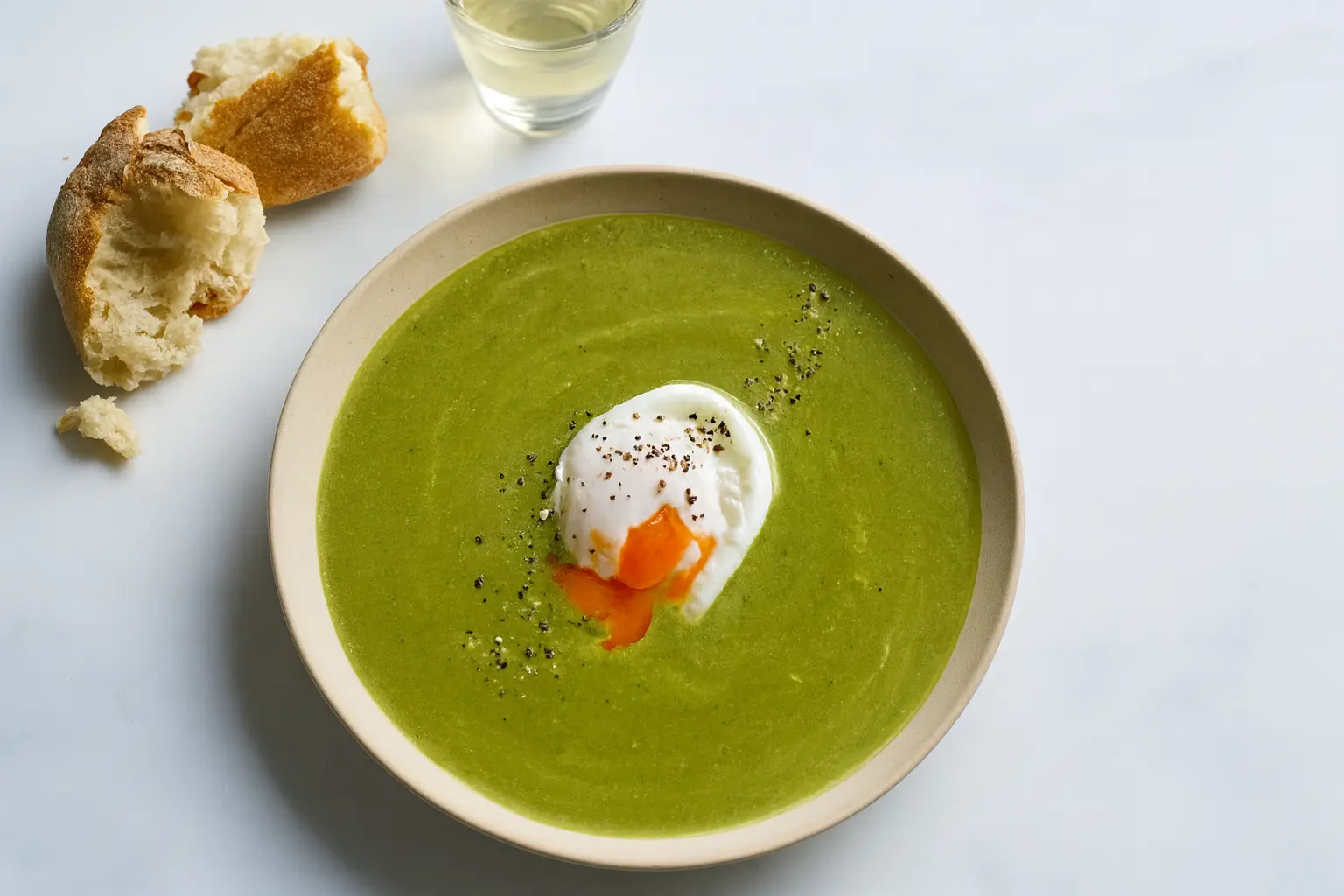 Bowl of spinach soup topped with a poached egg in the center