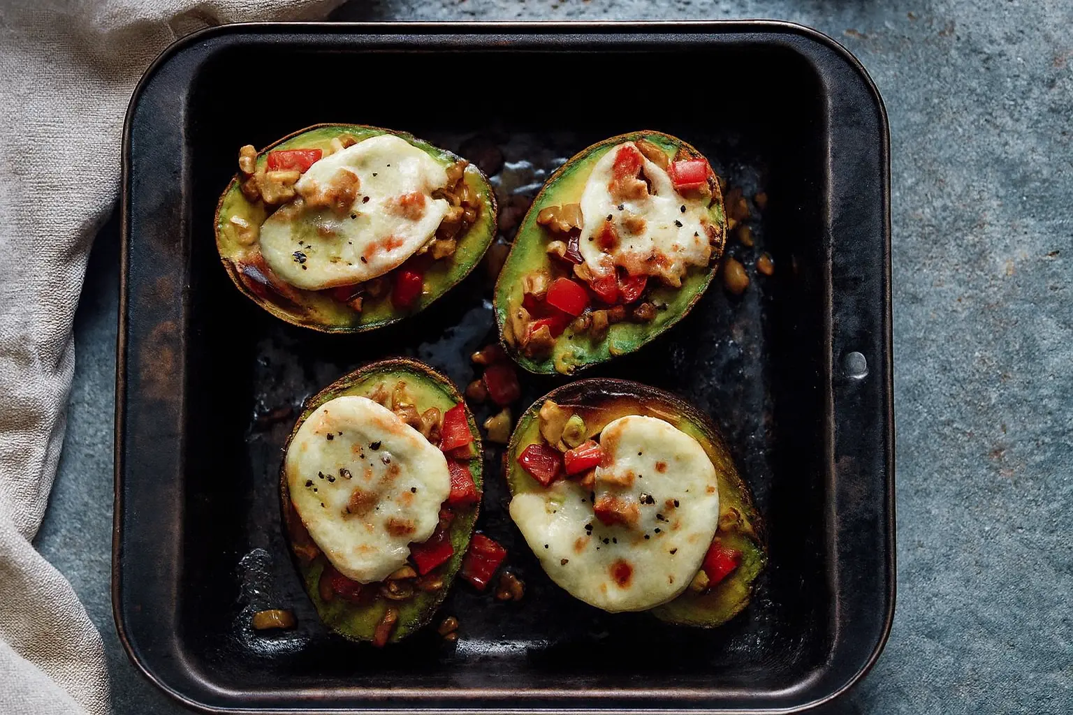 Grilled avocado halves filled with tomato, olives, spring onions and melted mozzarella on a baking tray