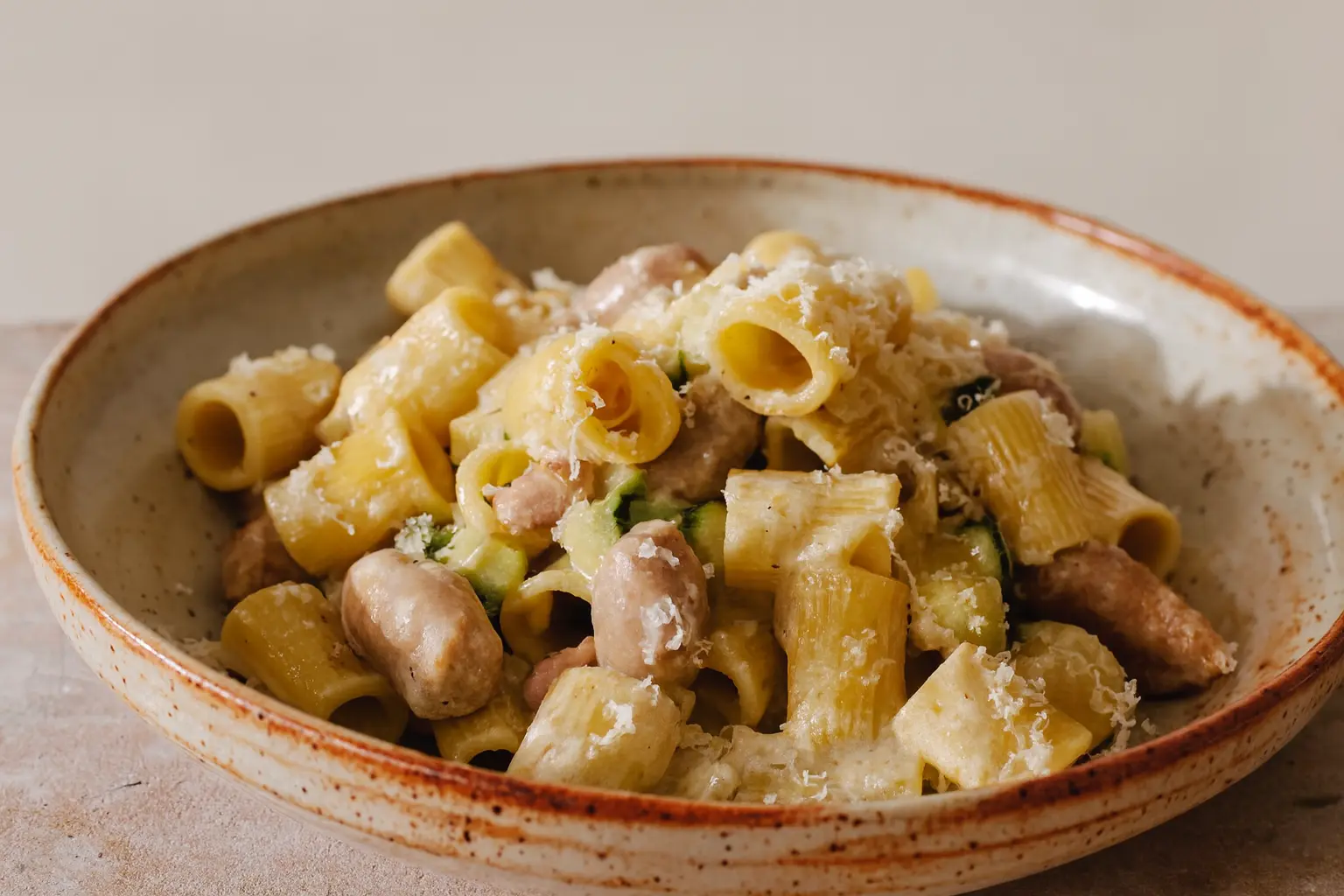 Rigatoni with chipolatas and courgettes