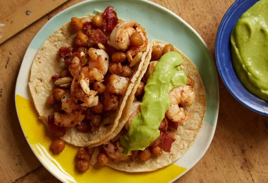Shrimp, Bacon & Chickpea Tacos With Guacamole by Pati Jinich on Pati's Mexican Table Shrimp, Bacon & Chickpea Tacos With Guacamole by Pati Jinich on Pati's Mexican Table