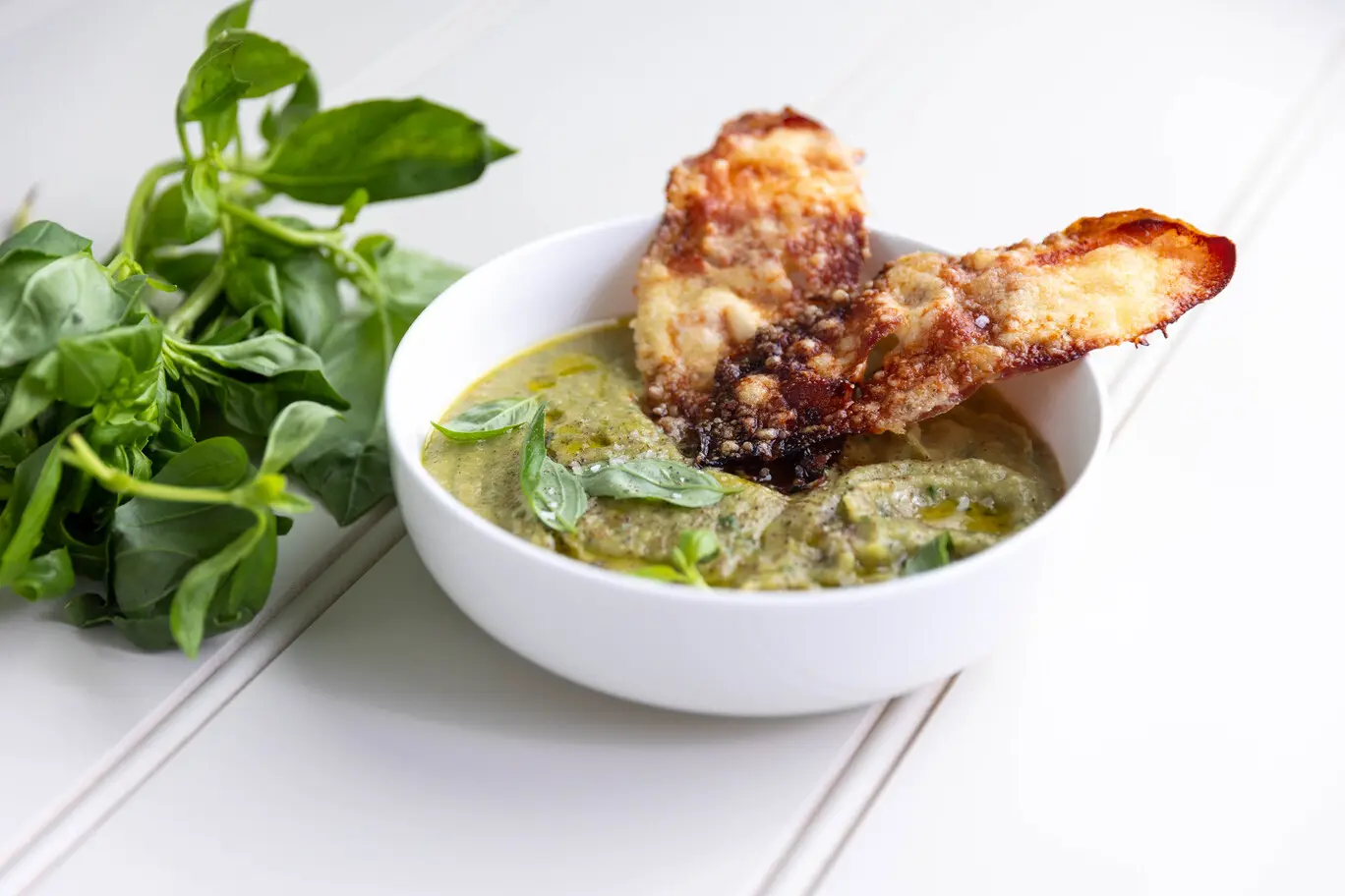 Gluten Free Broccoli Zuppa with Prosciutto and Parmesan Crisps