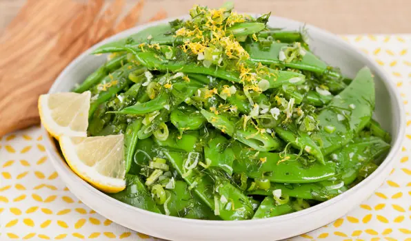in the kitchen with stefano faita lemony green beans in a white dish